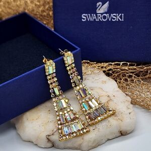 Vintage Swarovski Gold Earrings Chandeliers Dangling Rare Long Rainbow Crystals